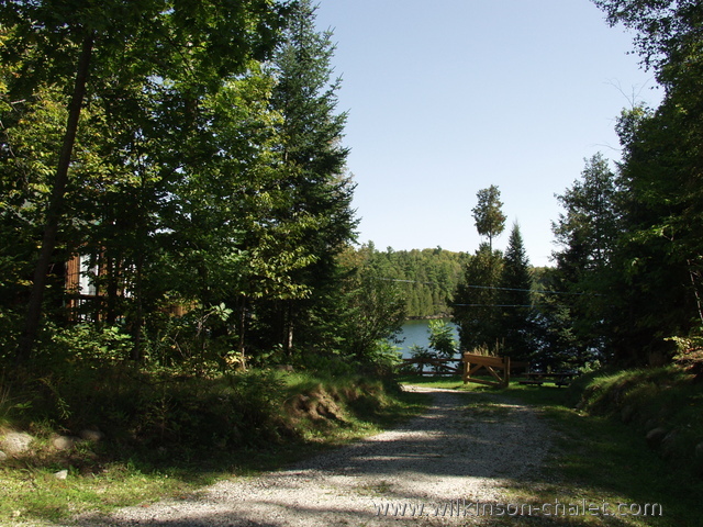 Cottage wrap-around driveway during the Summer,
       Looking toward Malone Bay,
       Lac des trente et un milles (31 miles lake),
       Bouchette, Quebec